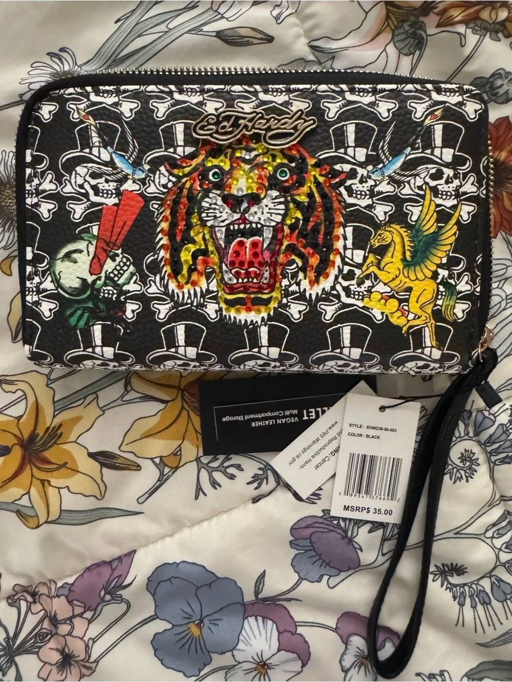 Ed Hardy Black Printed Tiger Zip Wallet Wristlet